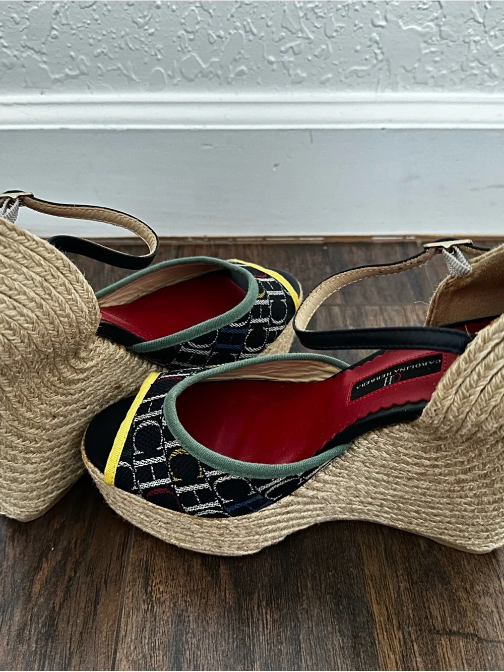 Carolina Herrera Multicolor Logo Espadrille Wedges with Red Insoles size 7